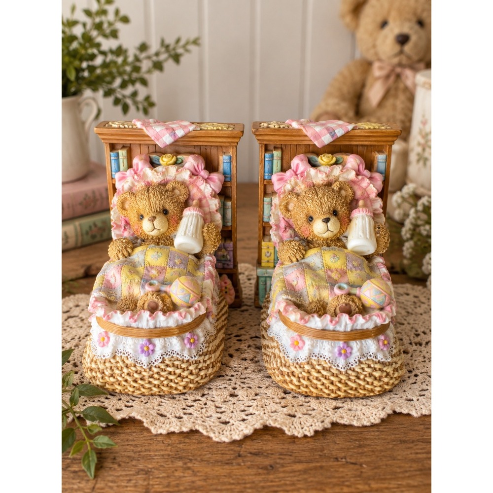 Vintage Canasia Teddy Bear Coin Bank Bookends Pair Nursery Cottage Decor